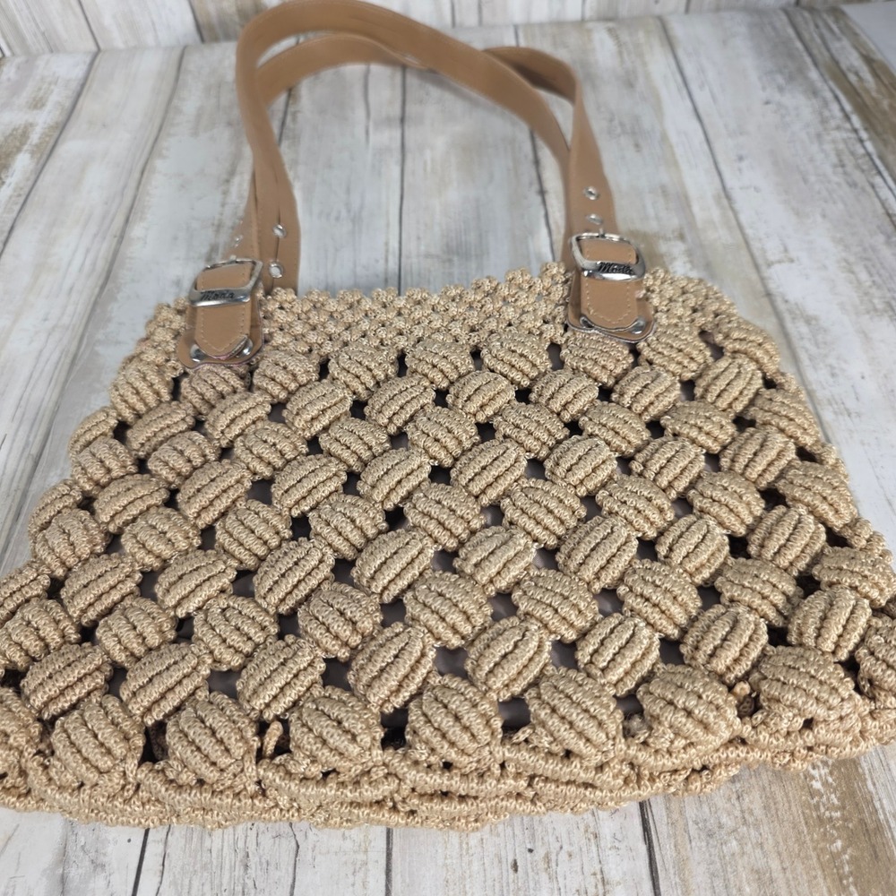 Shirley's Moda Beige Woven Macrame Shoulder Bag Tan Straps Silver Buckles - Picture 3 of 7